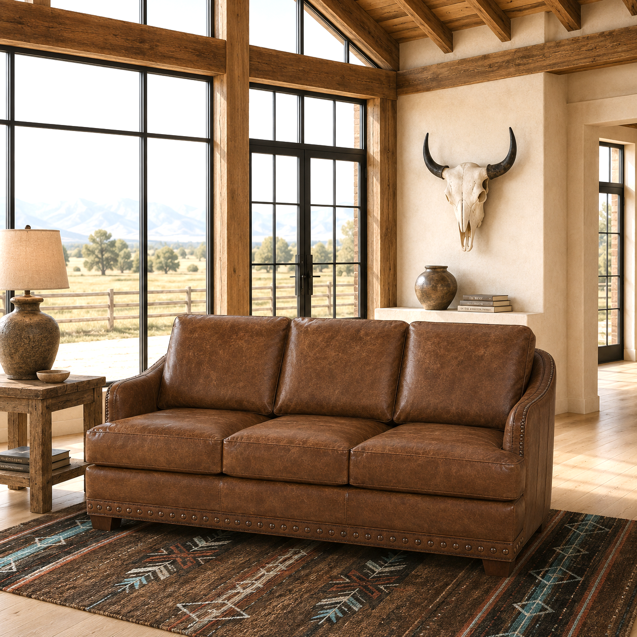 Rambler brown leather sofa in open ranch themed space with southwestern rug and buffalo skull wall mount 