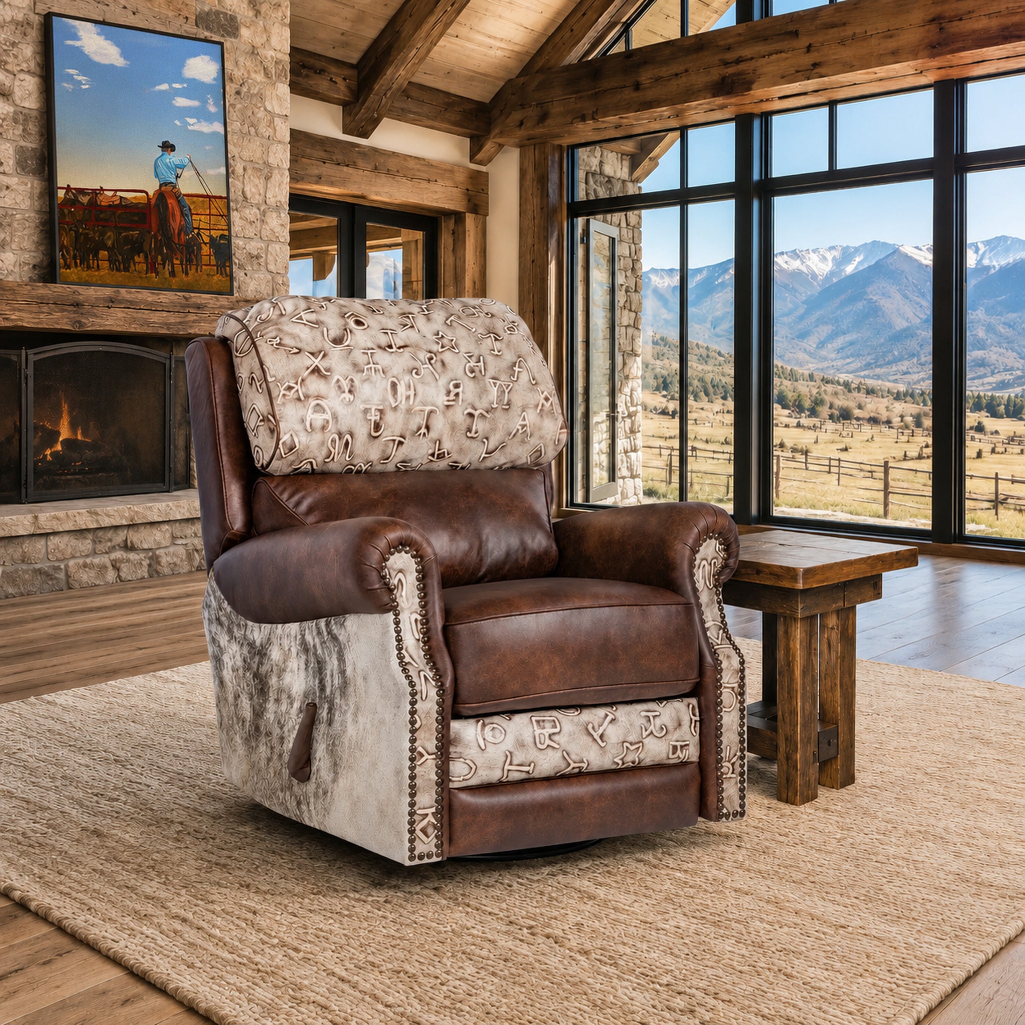 A rustic western-style recliner chair in a cabin living room, featuring dark brown leather and a cream-and-brown floral patterned fabric, set next to a wooden side table with a scenic mountain view outside.