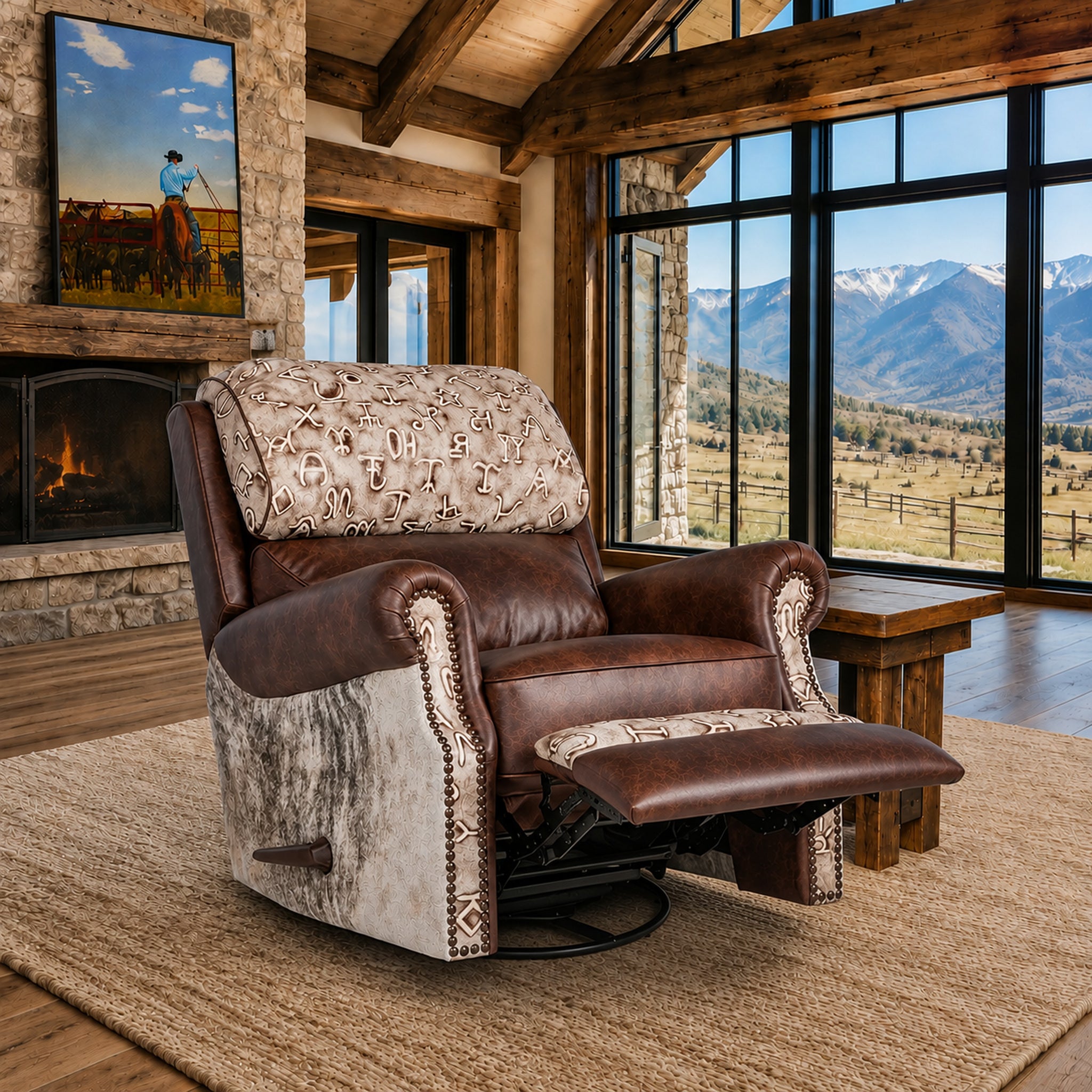 A luxury swivel recliner chair in a rustic cabin living room, featuring dark brown leather and textured gray-and-beige patterned fabric upholstery with a matching footrest and a black swivel base.