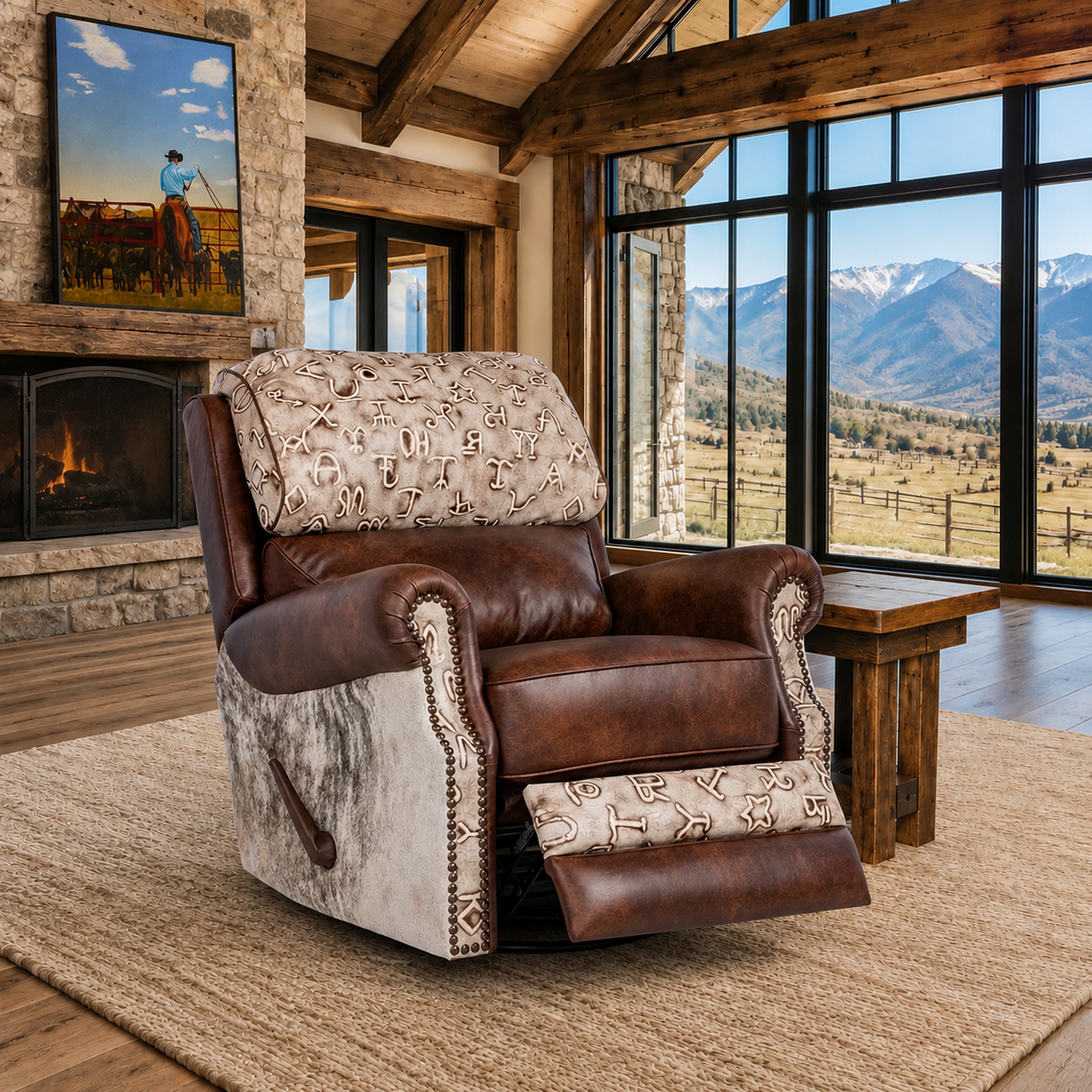 A luxury recliner chair in a rustic mountain-view living room. The chair features dark brown leather upholstery with a western-style beige and brown patterned fabric on the headrest and footrest, and silver nailhead trim.