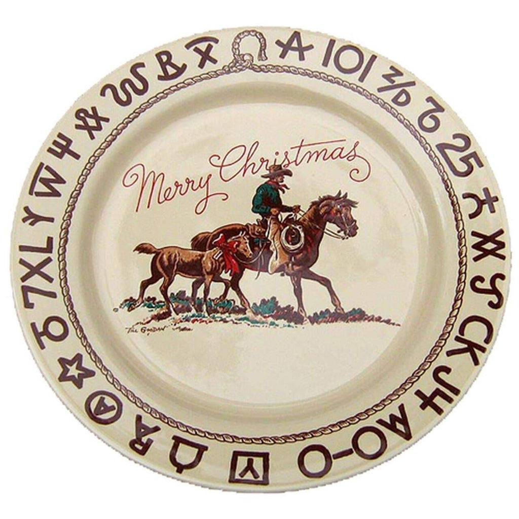 Cowboy, horse, foal, rope, brands on china Christmas dinnerware. Made in the USA. Your Western Decor