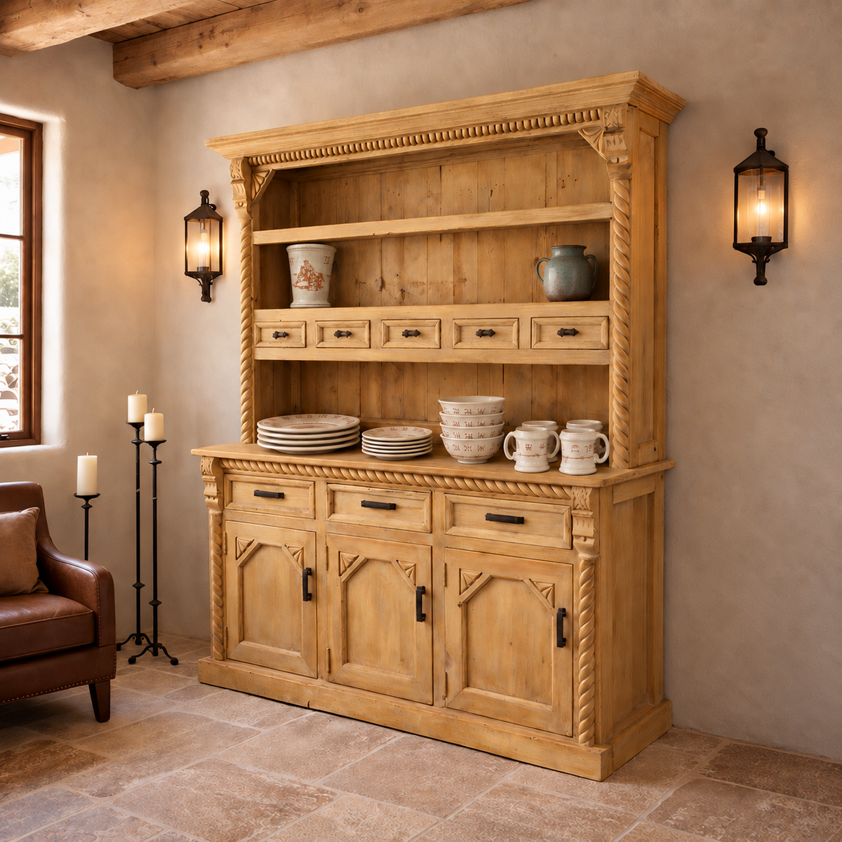 A large rustic wooden hutch or buffet cabinet with carved details, rope-textured trim, and multiple shelves and drawers, styled in a warm, rustic room with a brown leather chair, wall sconces, and Blue Mountain Brands Dinnerware