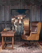 Rustic western office setting with leather executive chair, desk, rug and steer art - Your Western Decor