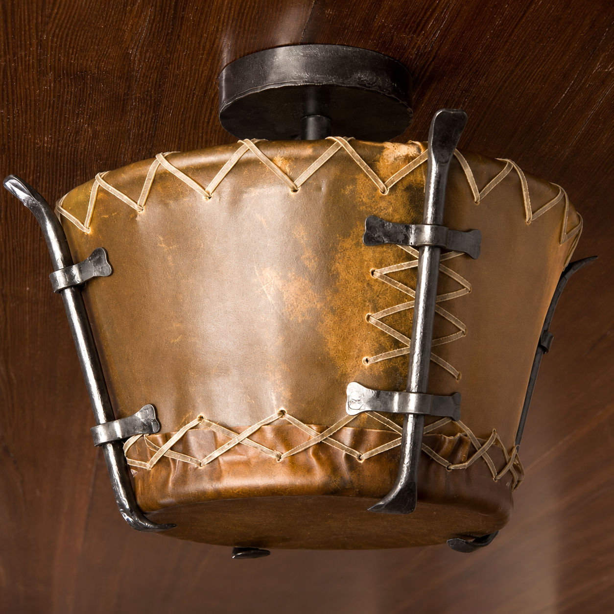 Handmade rawhide drum flush mount entry light