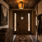 Handmade rawhide drum ceiling light in rustic entryway 