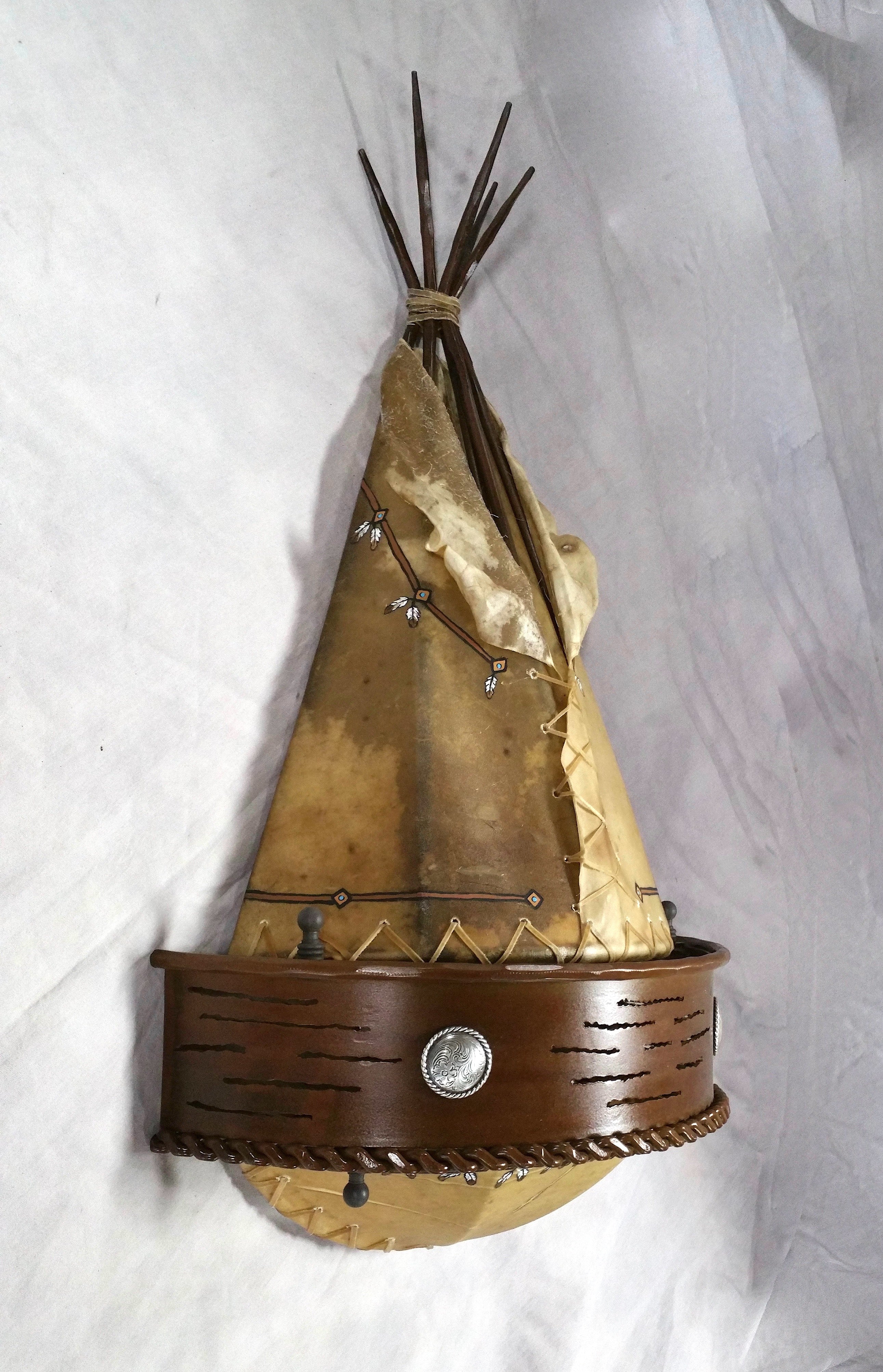 handmade rawhide tipi wall sconce western rustic wall lighting iron concho lodge decor USA made, side view 