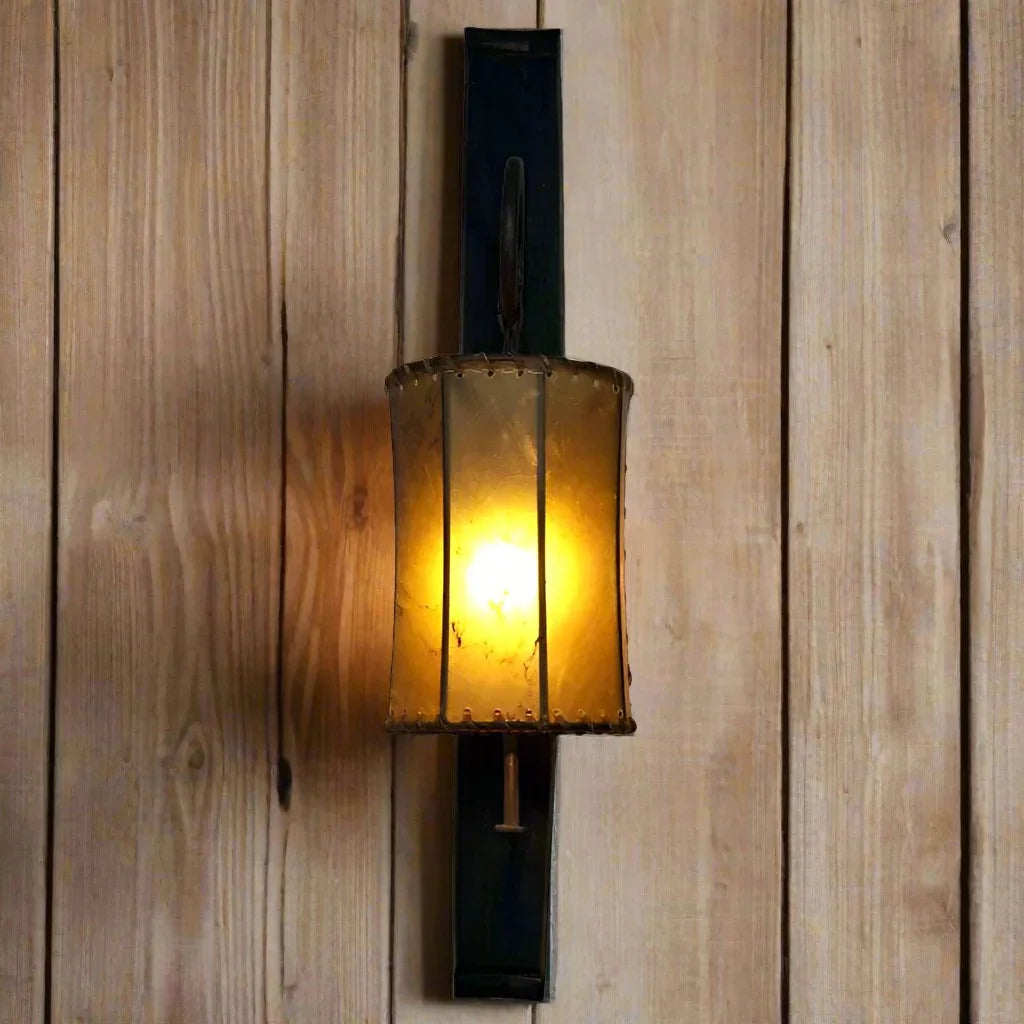 Tequila stave rustic wall sconce with rawhide shade
