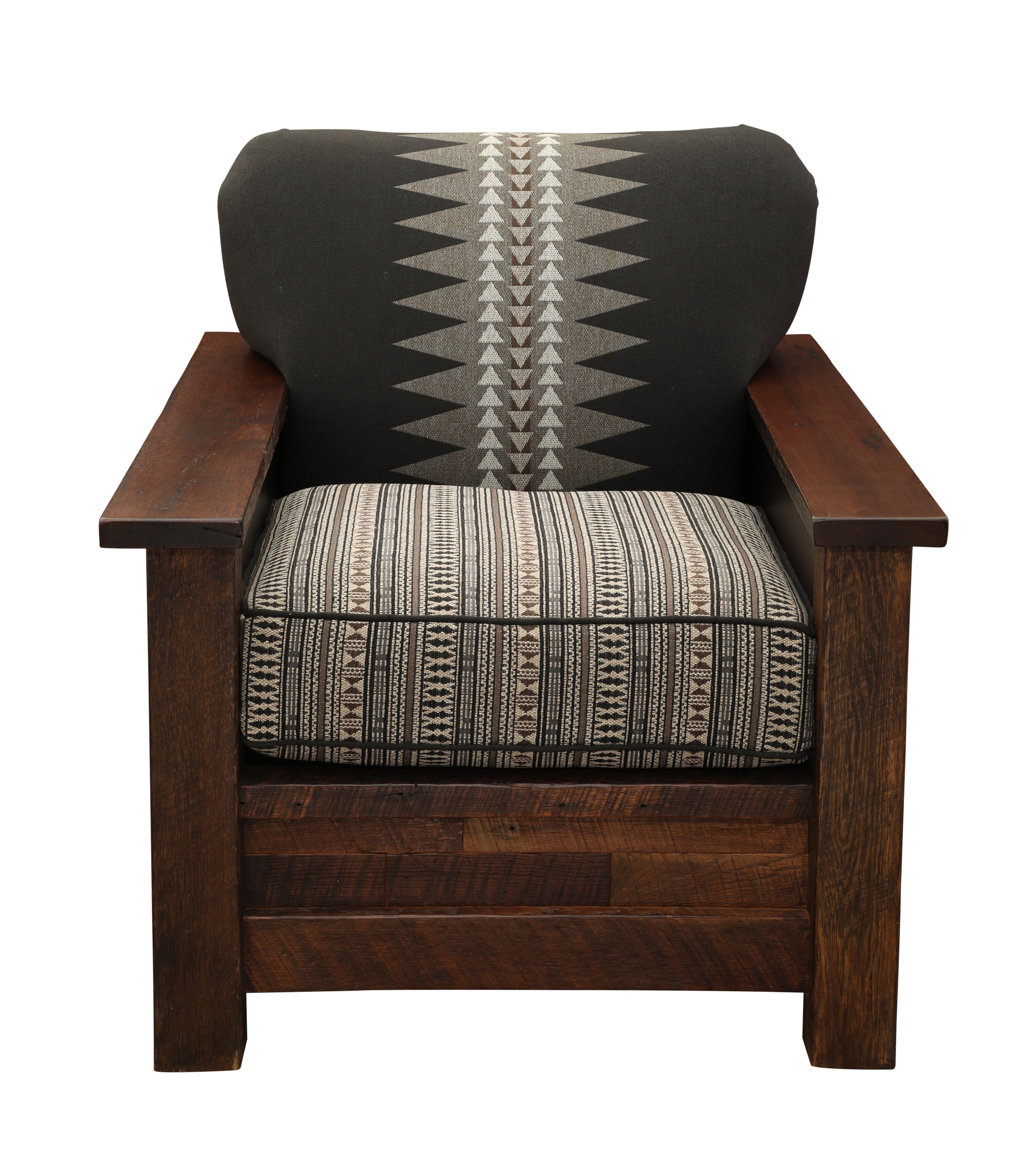 Reclaimed barnwood upholstered cabin lounge chair 