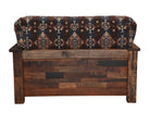 Southwestern lodge upholstered reclaimed barnwood loveseat back view