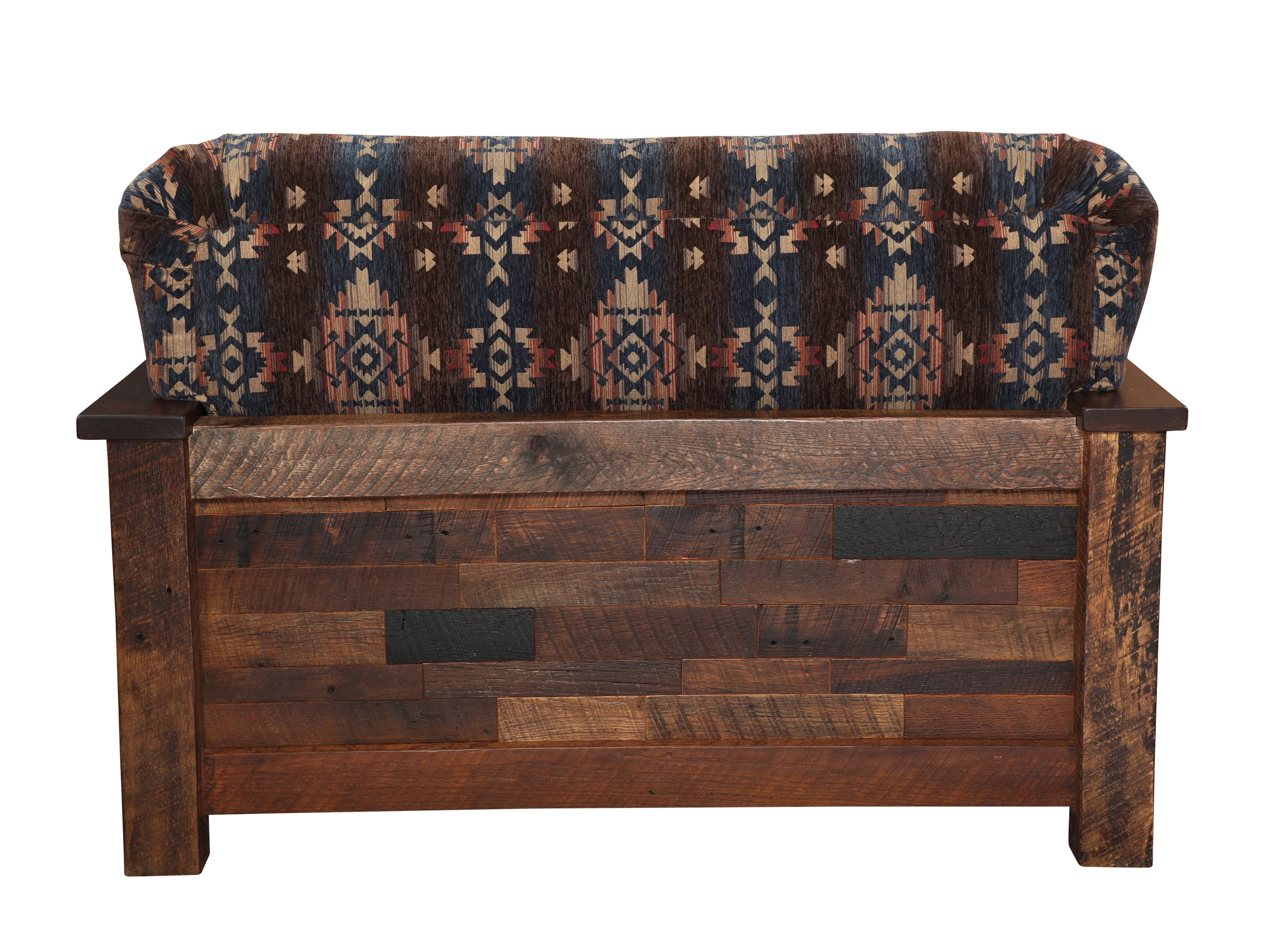 Southwestern lodge upholstered reclaimed barnwood loveseat back view