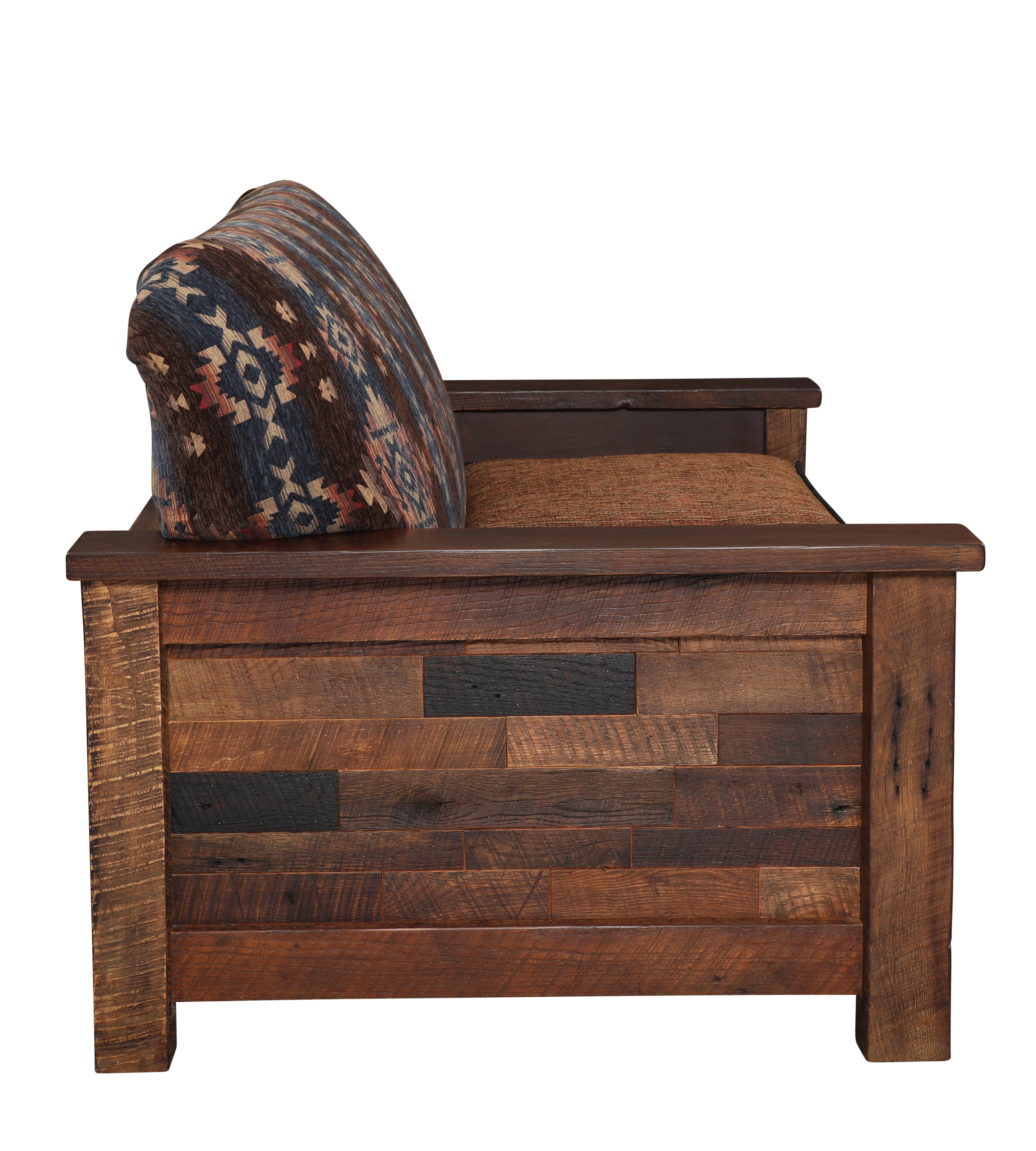 Southwestern lodge upholstered reclaimed barnwood loveseat side view