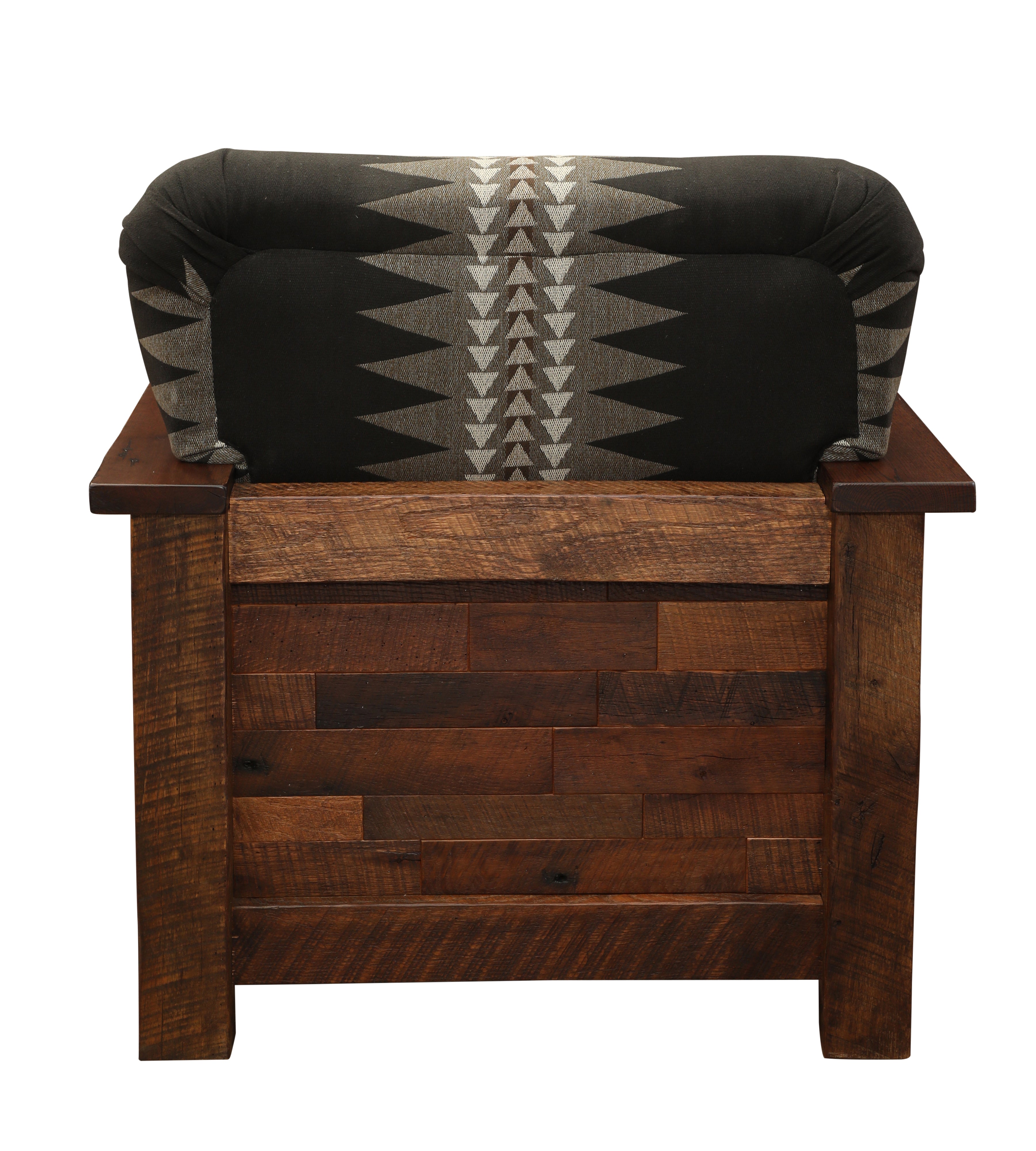 American made reclaimed barnwood upholstered armchair back 