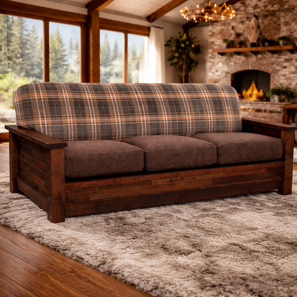American-made reclaimed barnwood sofa with plaid upholstered back and brown seat cushions, staged in a bright luxury lodge living room with high beam ceilings, hardwood floors, large windows, stone fireplace, and faux fur rug.