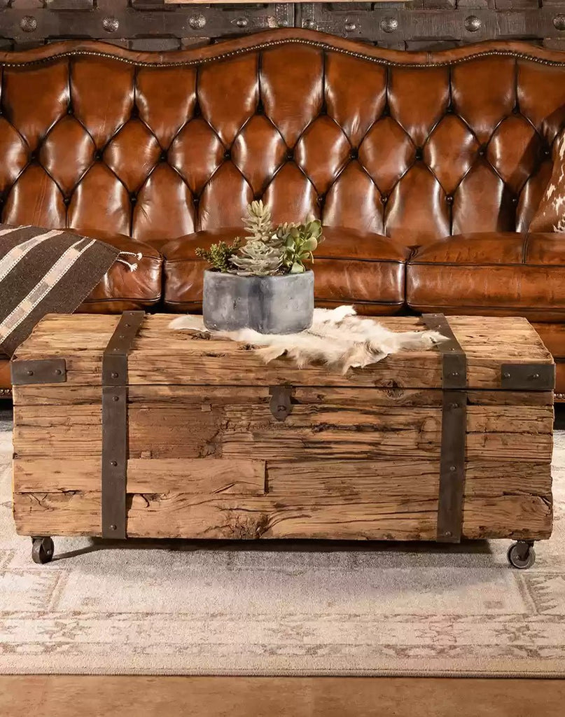 Reclaimed Wood Chest Coffee Table with castors and iron accents - Your Western Decor