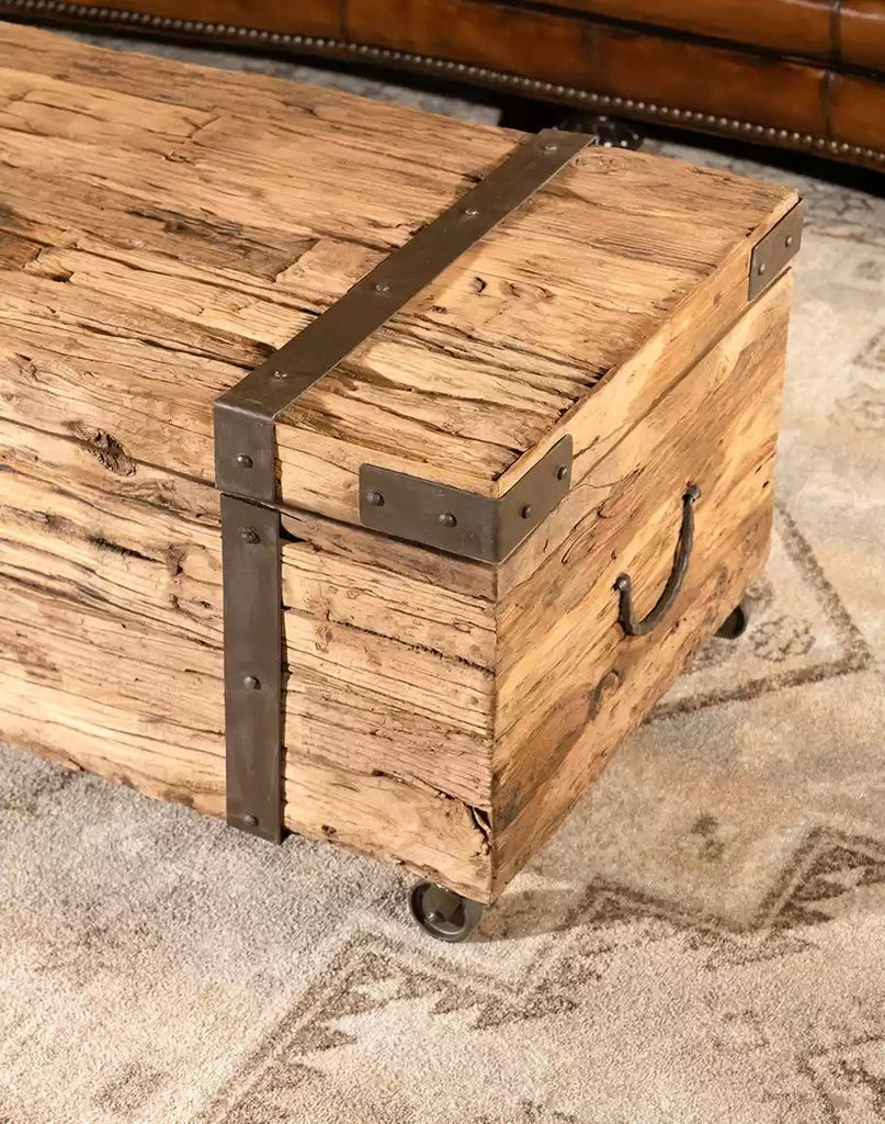 Reclaimed Wood Chest Coffee Table with castors and iron accents - Your Western Decor