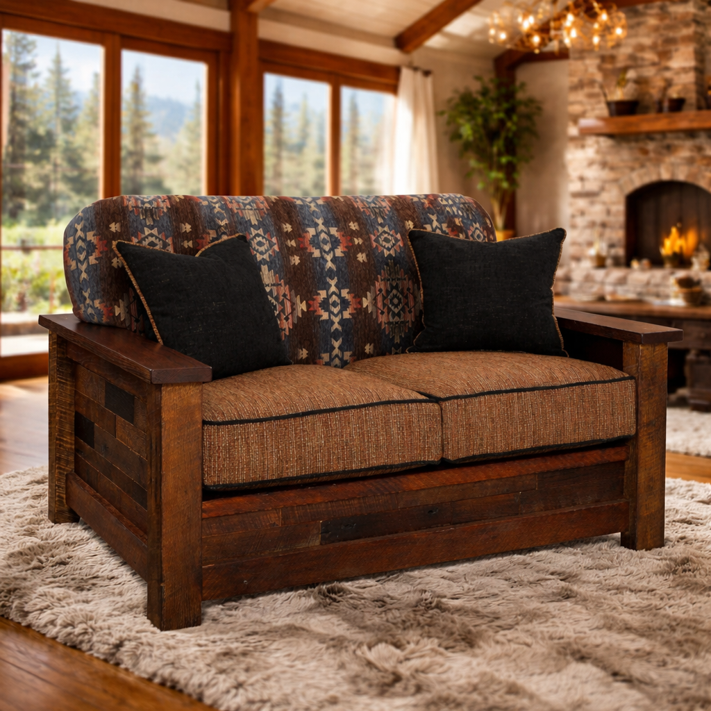 American-made reclaimed barnwood loveseat with Southwestern upholstered back and matching black décor pillows, staged in a bright luxury lodge lounge with high beam ceilings, large windows, hardwood floors, and a faux fur rug.