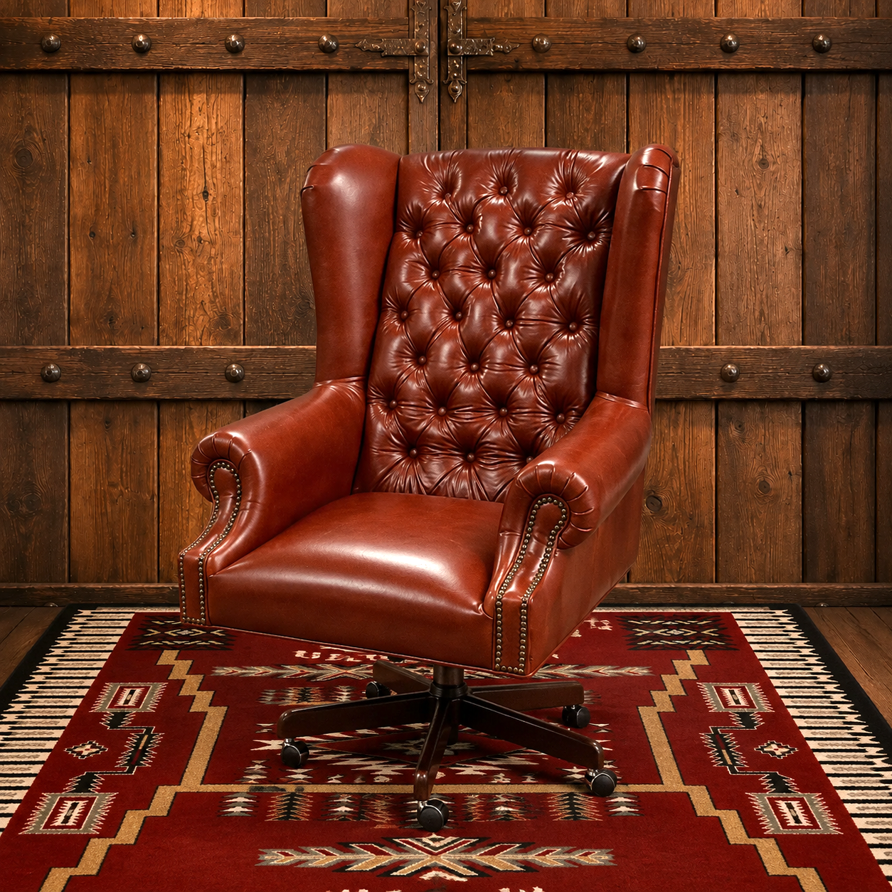 A reddish brown leather wingback swivel office chair with a tufted backrest and nailhead trim, set on a red patterned rug against a rustic wooden plank wall.