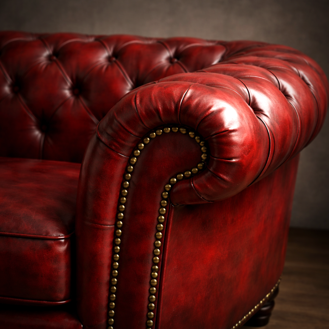 A close-up of a classic Chesterfield armchair upholstered in rich, deep red leather with brass nailhead trim, set against a dark textured background.