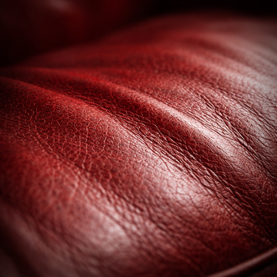 Close-up of textured red leather upholstery with visible grain and soft folds.