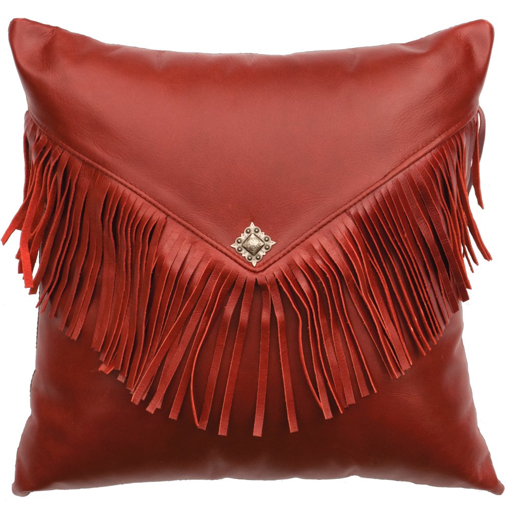 Red Leather Concho Pillow with Fringe made in the USA - Your Western Decor