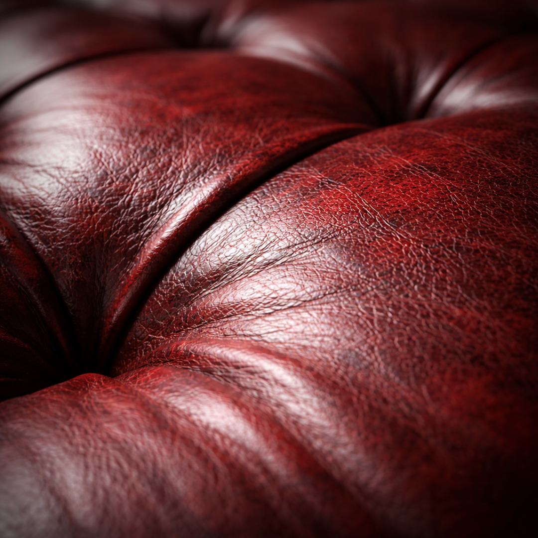 Close-up of a tufted leather surface in a deep burgundy red, showing the rich texture and soft folds of the material.