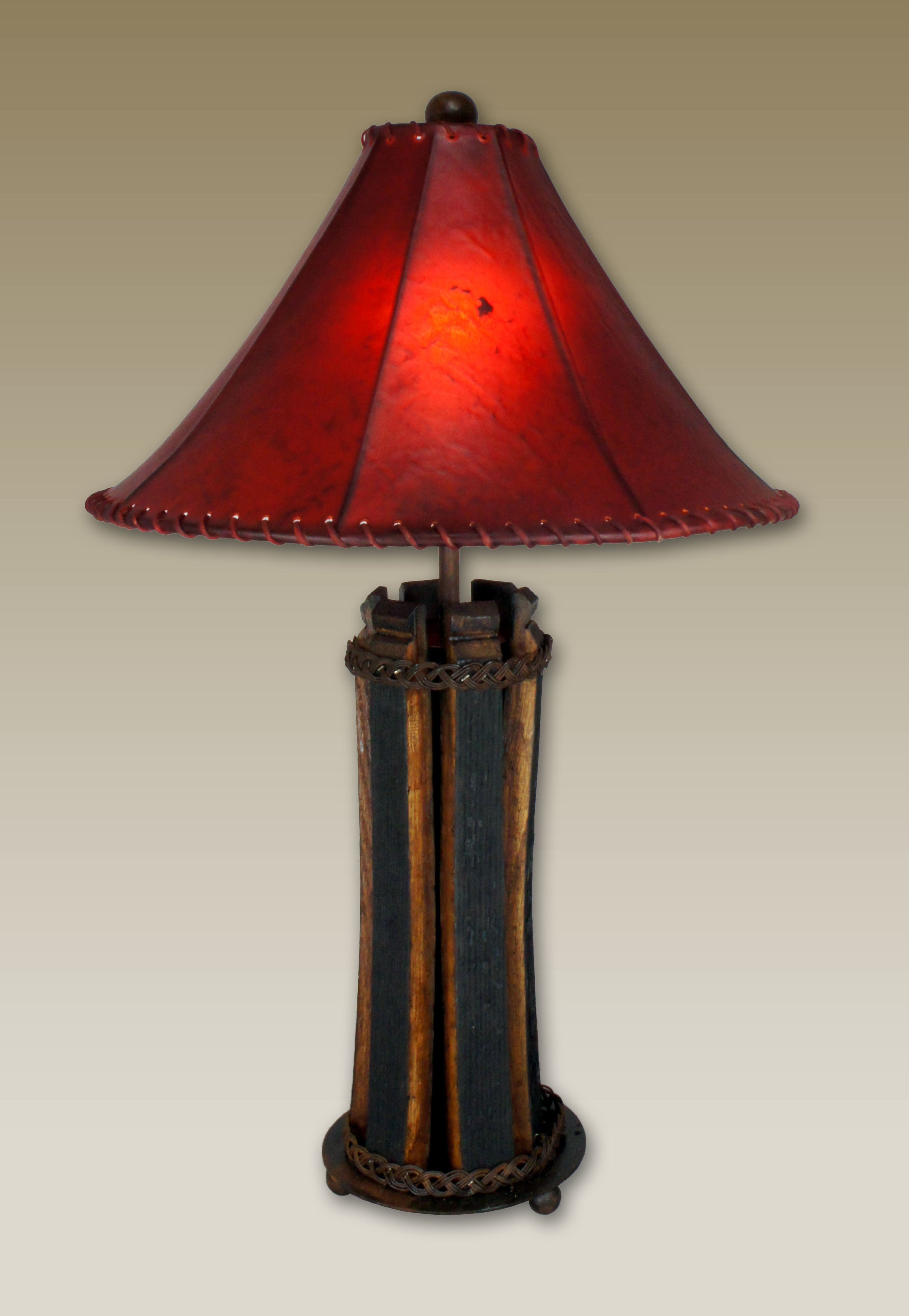 Rustic tequila barrel stave table lamp with red rawhide lamp shade