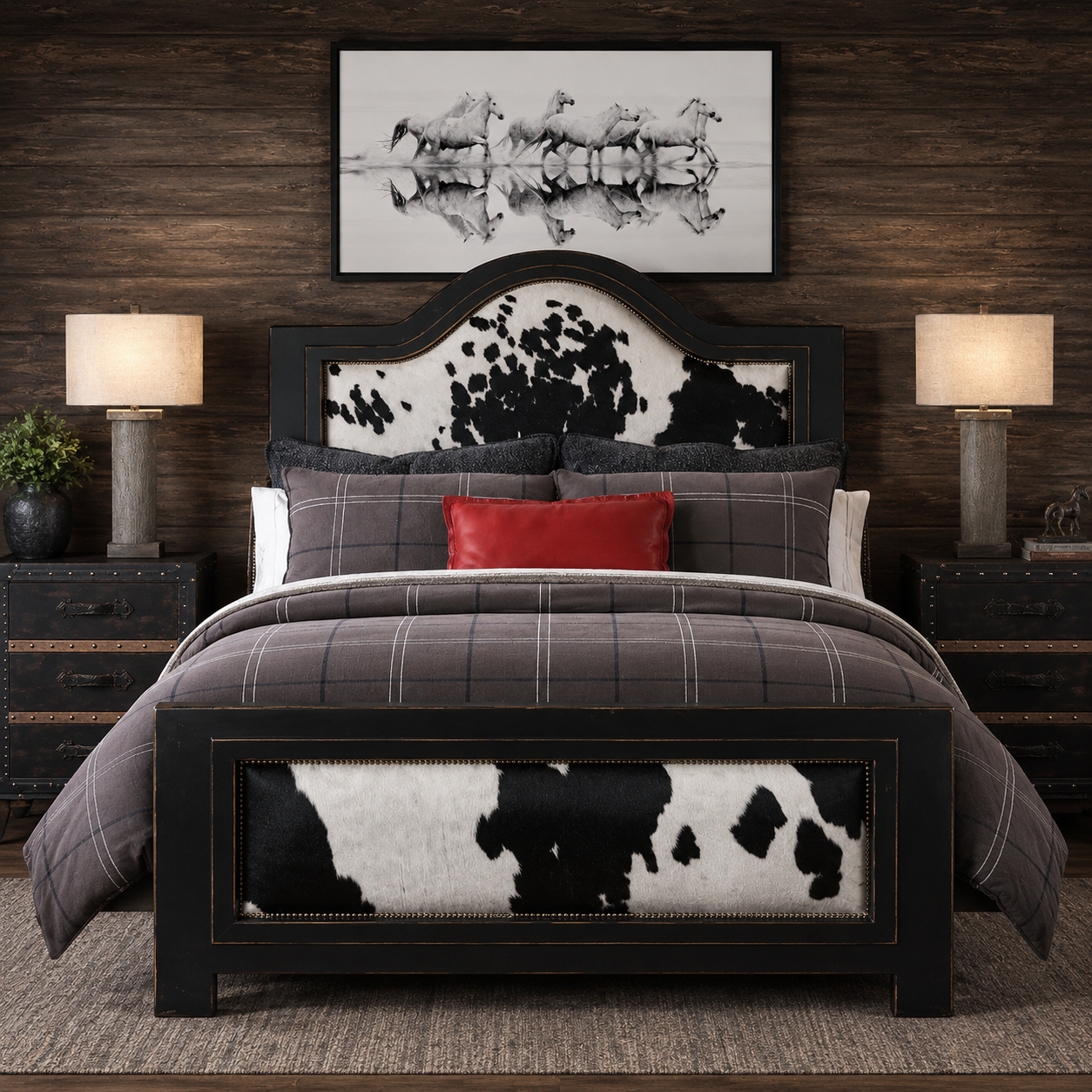Regal Ebony Cowhide Bed with Timberline comforter set and Reflections Canvas Horse Art