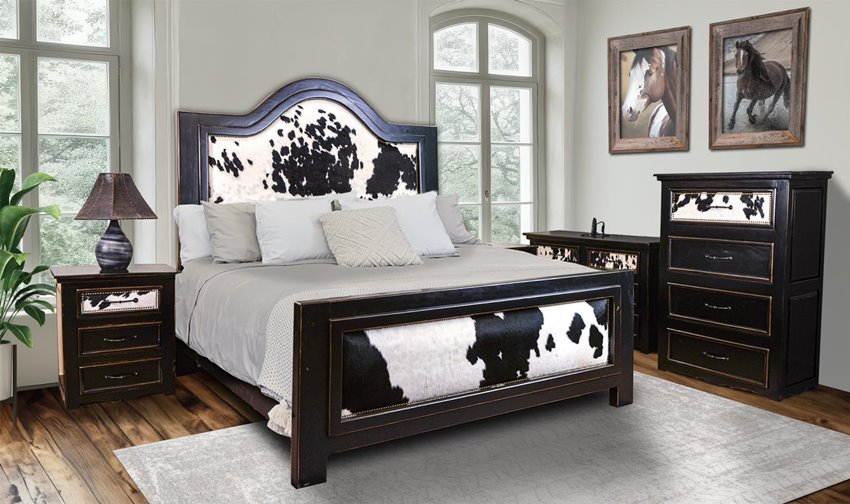 Distressed ebony bedroom set with black and white cowhide upholstery finished with nailhead trim - Your Western Decor