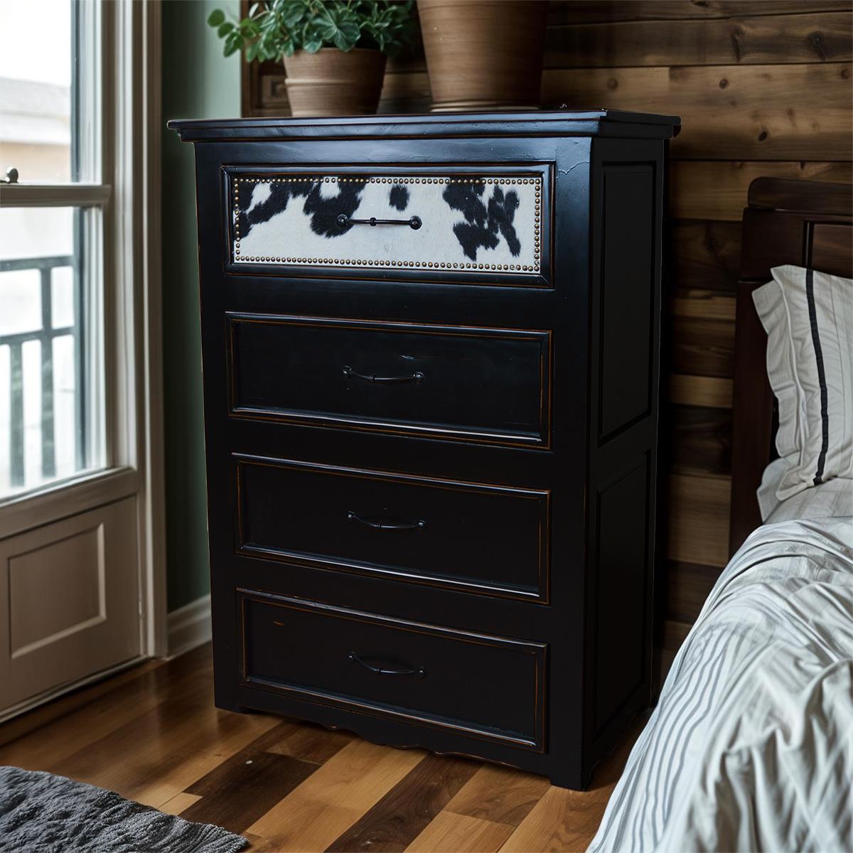 Regal Ebony Chest of Drawers with black and white cowhide drawer front and nailhead trim 