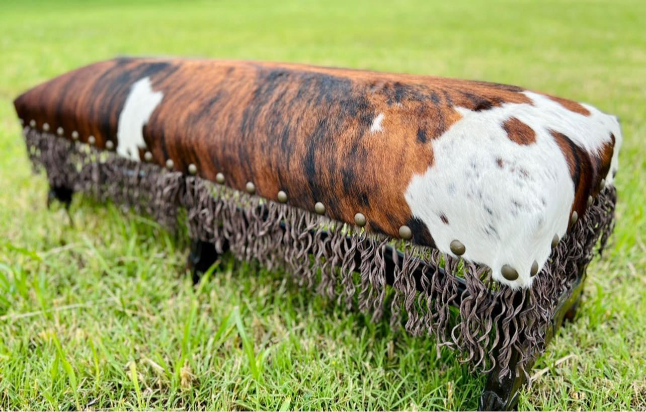 western cowhide dining bench with hand-twisted leather fringe rustic farmhouse bench seating USA made