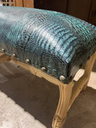 Turquoise croc embossed leather upholstery on hand carved bench frame - Your Western Decor