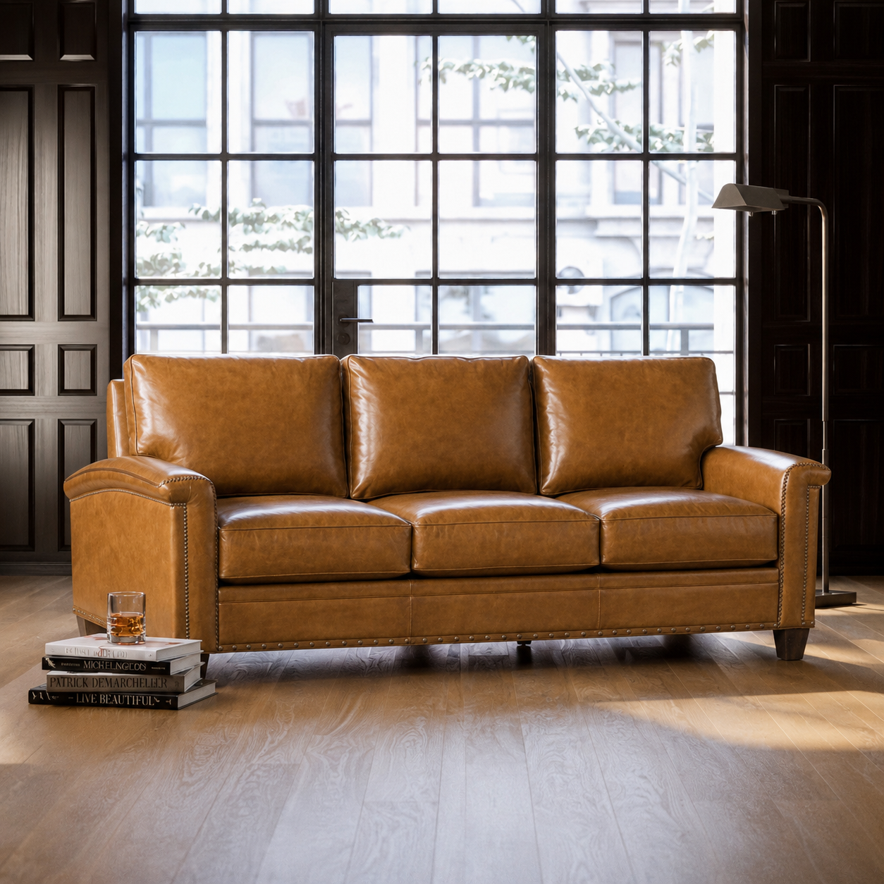 Remington Whiskey Leather Sofa in pure aniline whiskey leather staged in luxury western ranch living room with large windows