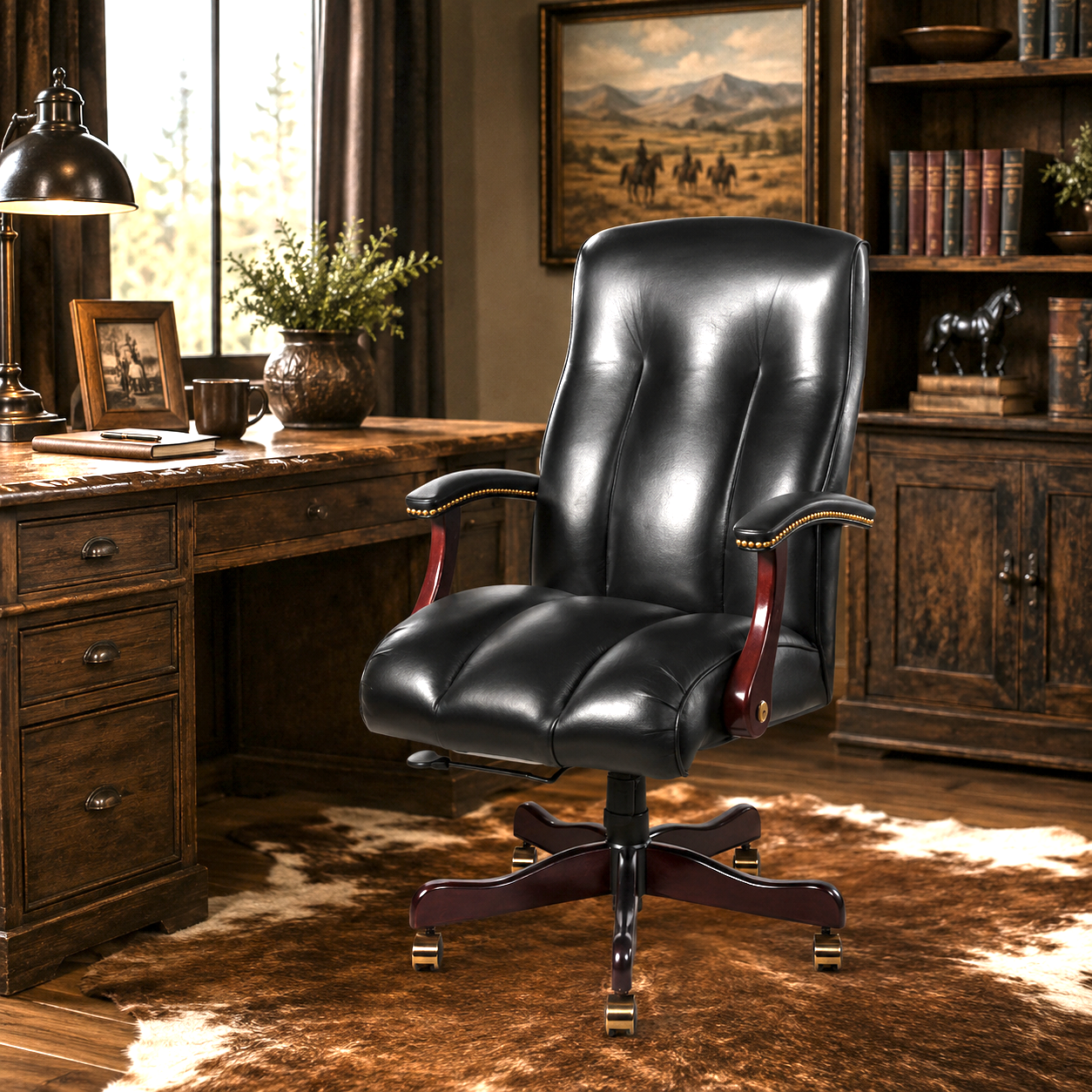 American made Riata office chair in smooth black leather 