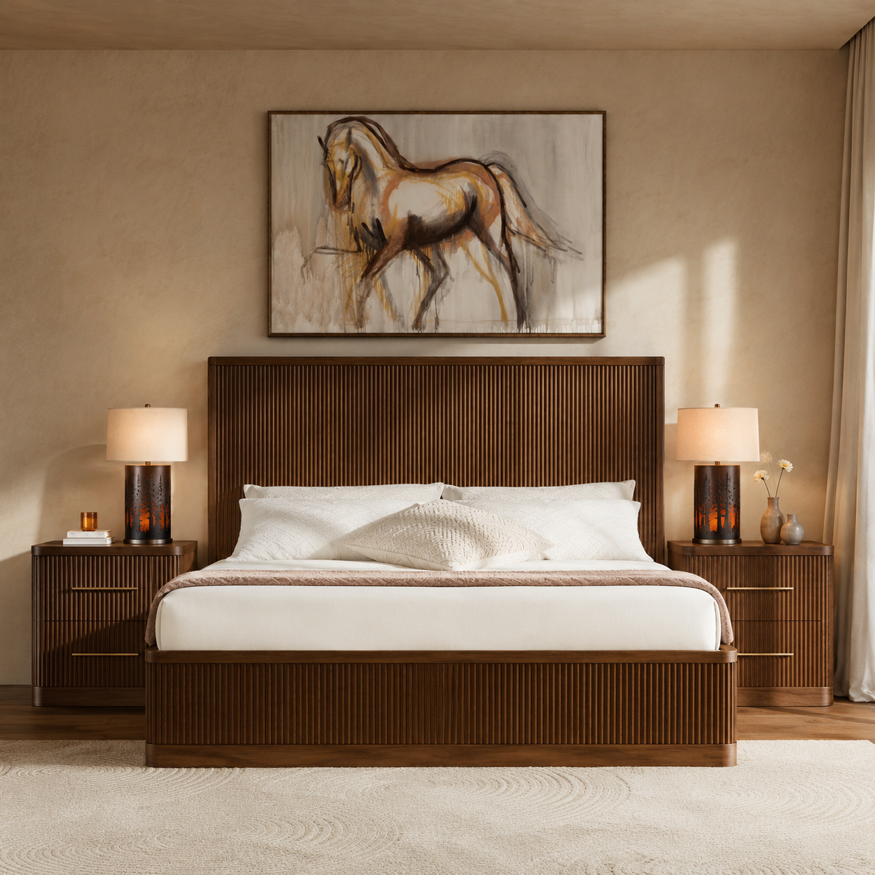 Ridgeline wood bedroom set with rustic lamps and horse canvas art