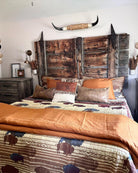 Roam Free Rustic Bedding on bed with terra cotta duvet 