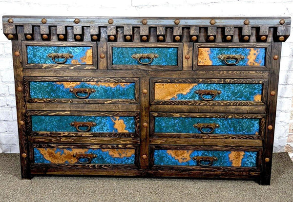 blue rustic dresser Farmhouse 6 Drawer Dresser, Blue Chest of Drawers, 43.5" Tall Dressers for Bedroom with Roman Column and Metal Handles, Rustic Wood Storage Organizer for Living Room, Hallway, Closet
