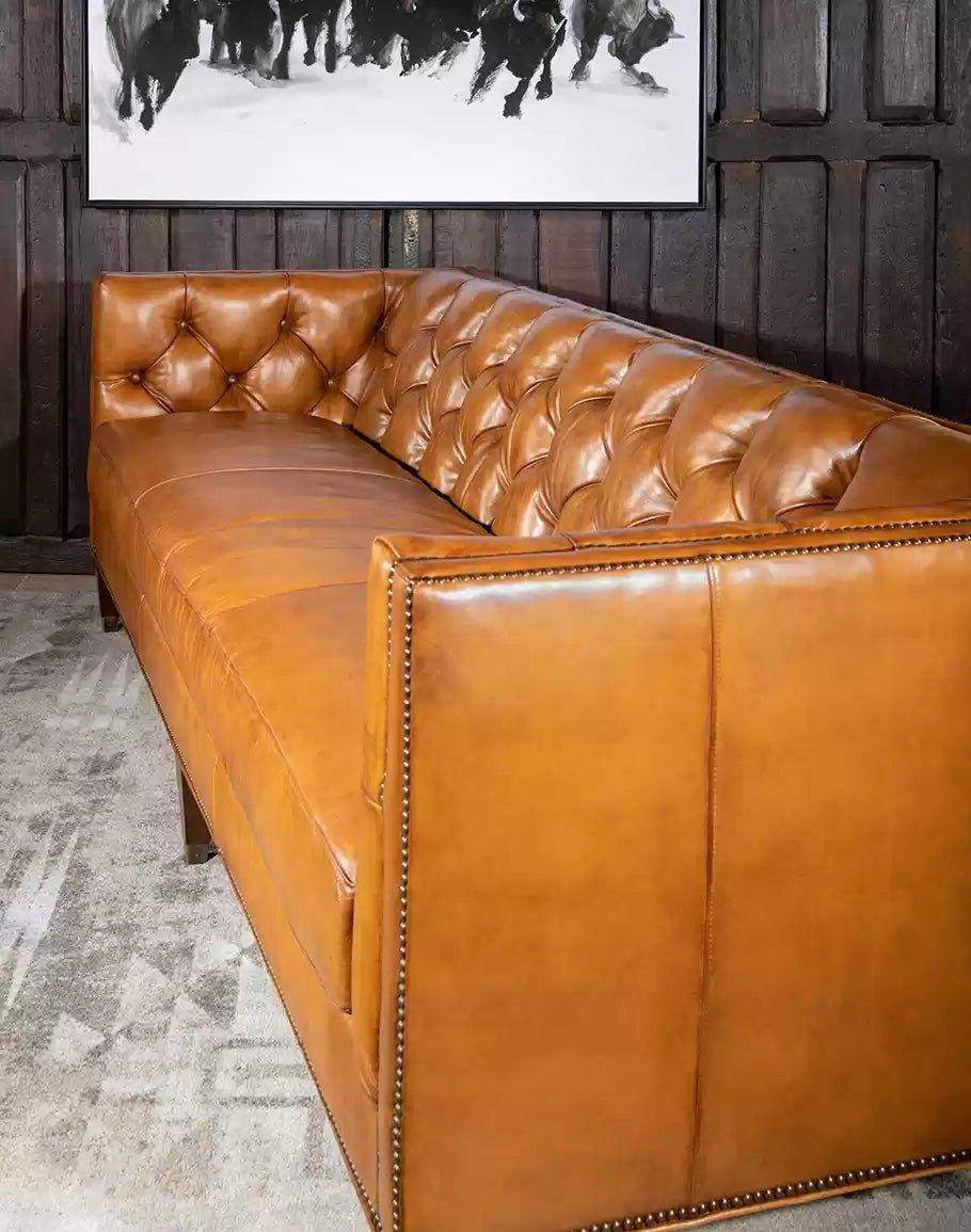 American made Rockford Tufted Tan Leather Sofa - Your Western Decor