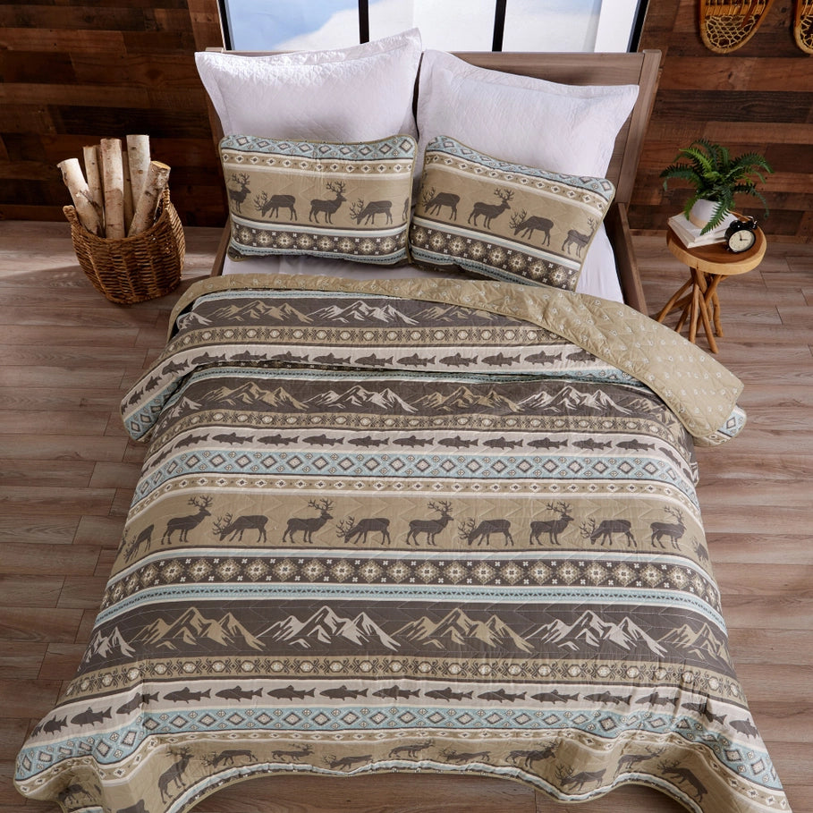 Rockies Quilt Set featuring fish and elk - Your Western Decor