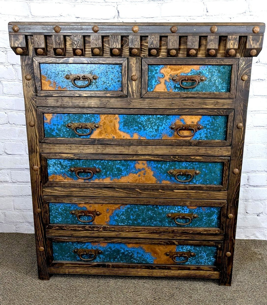American made Rockrush Empire Chest of Drawers with turquoise rust patina panel insets - Your Western Decor