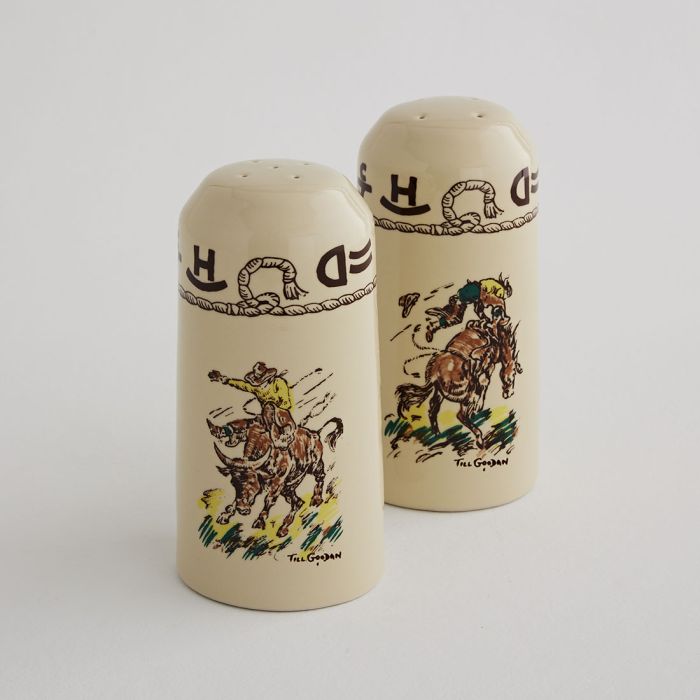 Rodeo Salt & Pepper Shakers featuring bull rider, rope and brands over buckskin glaze made in the USA - Your Western Decor