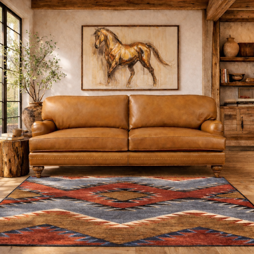 Rooney Canyon leather sofa in western ranch living room with southwestern area rug and horse wall art American made