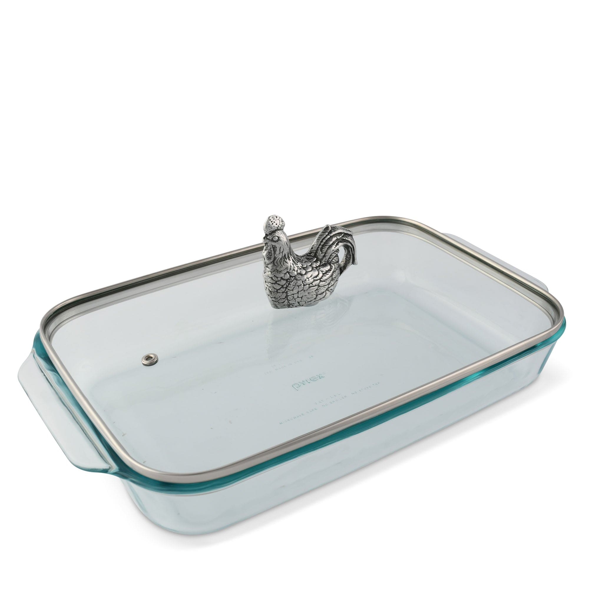 Rooster Lid with Pyrex 3 quart Baking Dish - Glass dish & lid w. aluminum rooster - 3 quart - your western decor