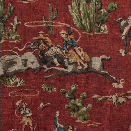 Roping, cowboy, cowgirl, cactus and steers western fabric over brick red back - Your Western Decor