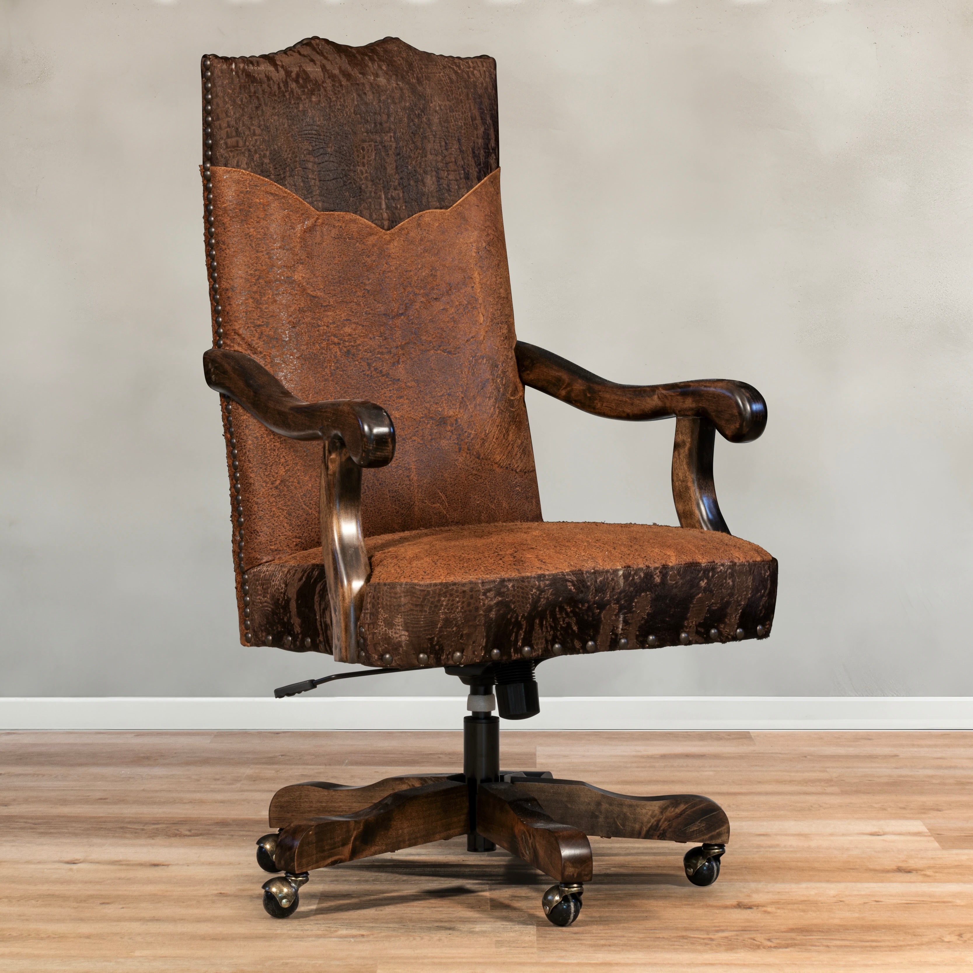 Roughout leather and acid wash cowhide western desk chair made in the USA - Your Western Decor