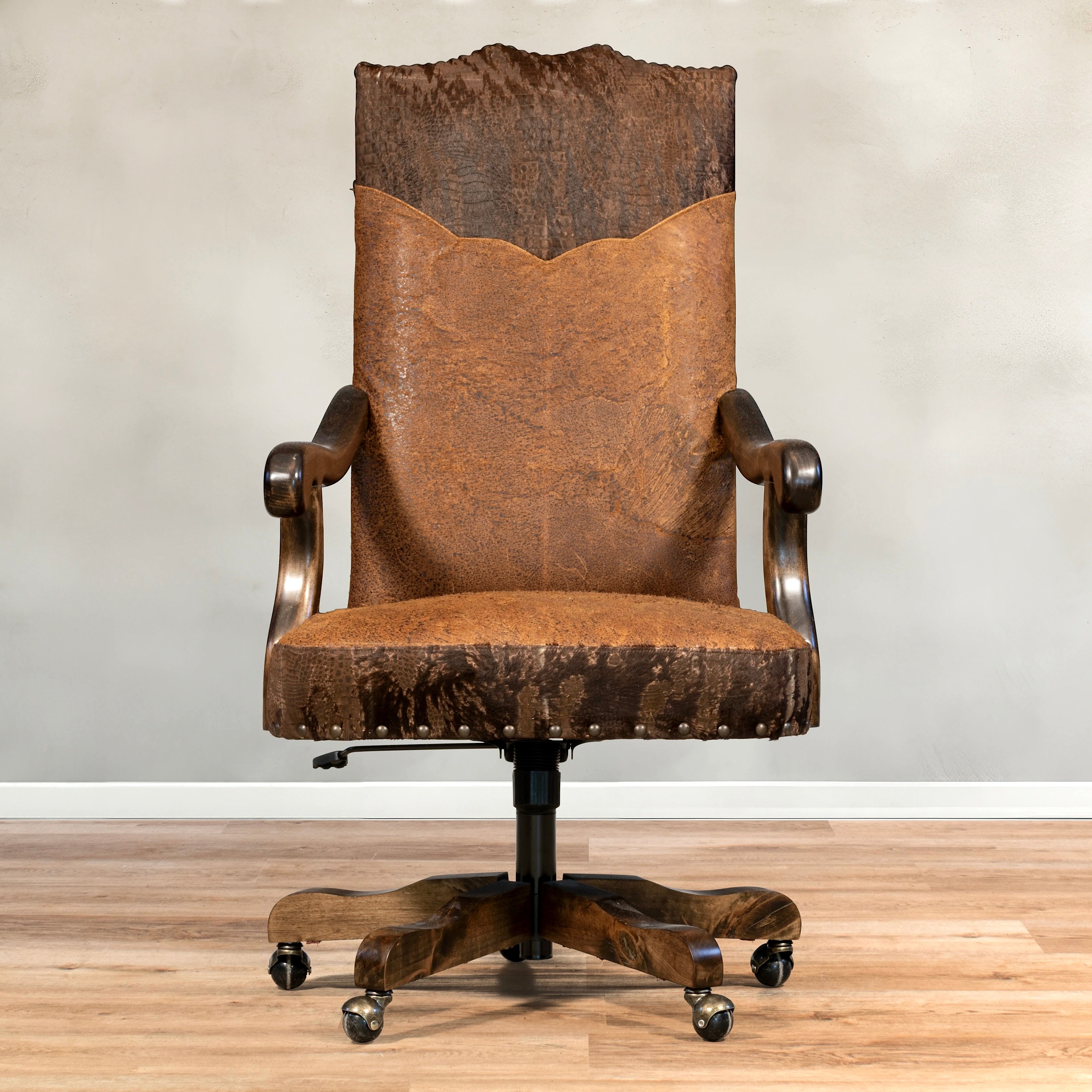 Roughout leather and acid wash cowhide western desk chair made in the USA - Your Western Decor