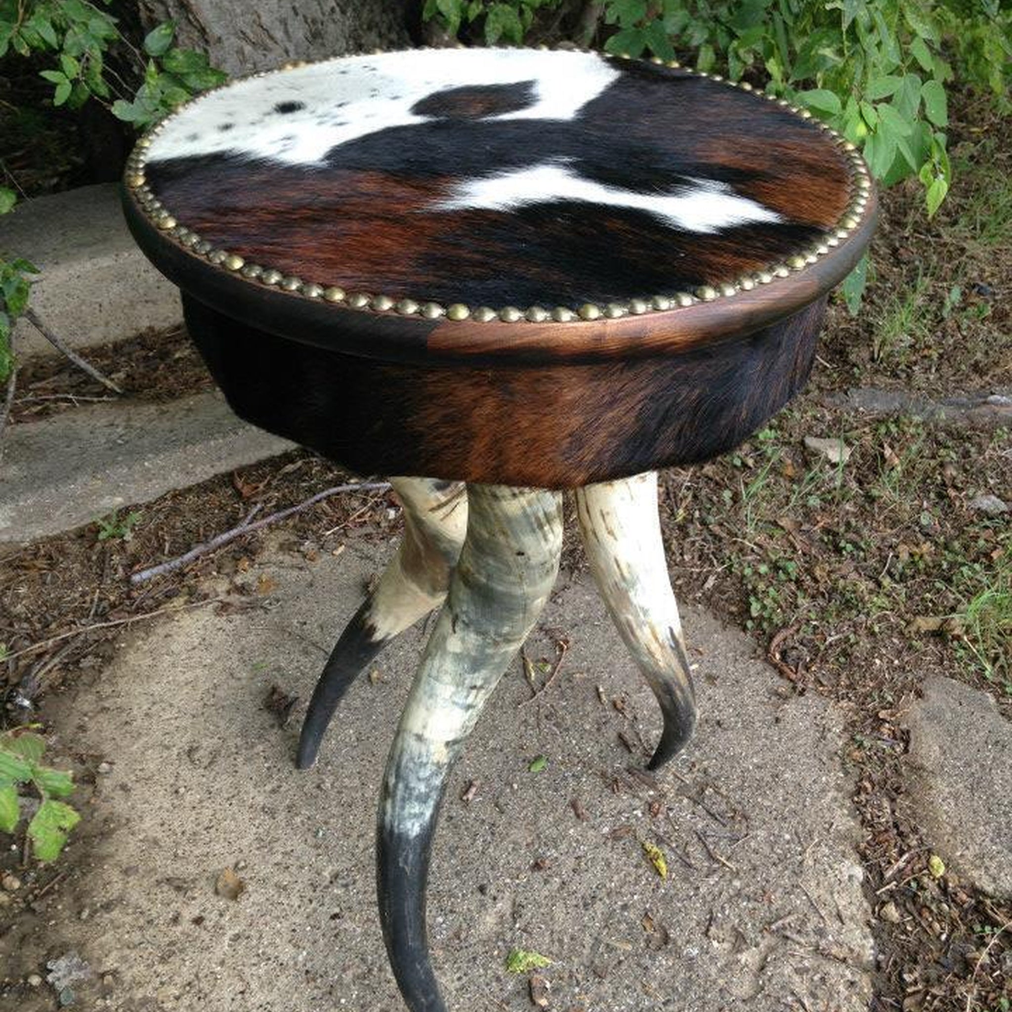 Round side table with tri color cowhide upholstery, nail trim, and steer horn legs 