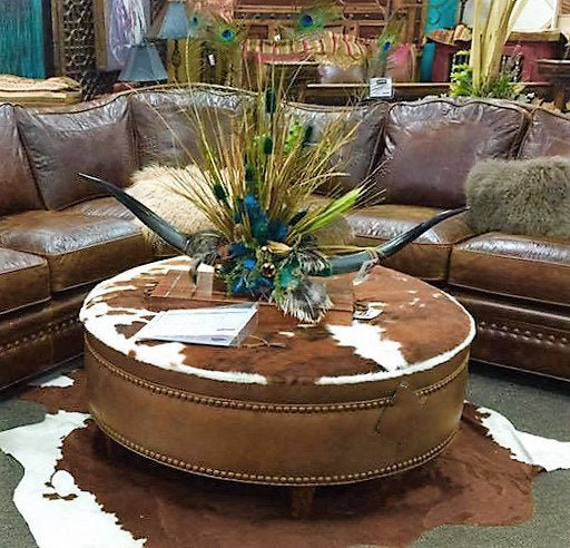 Western ottoman with brown leather and brown and white cowhide - handmade in the USA - Your Western Decor