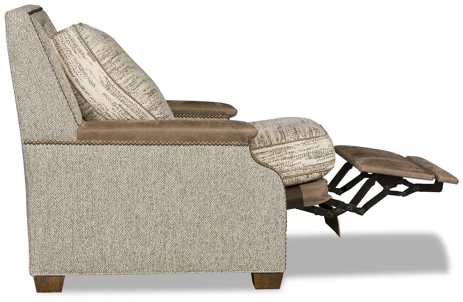 Beige recliner chair with brown accents on a white background