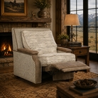 American-made western power recliner with textured fabric, leather arm panels, and rustic hardwood feet.