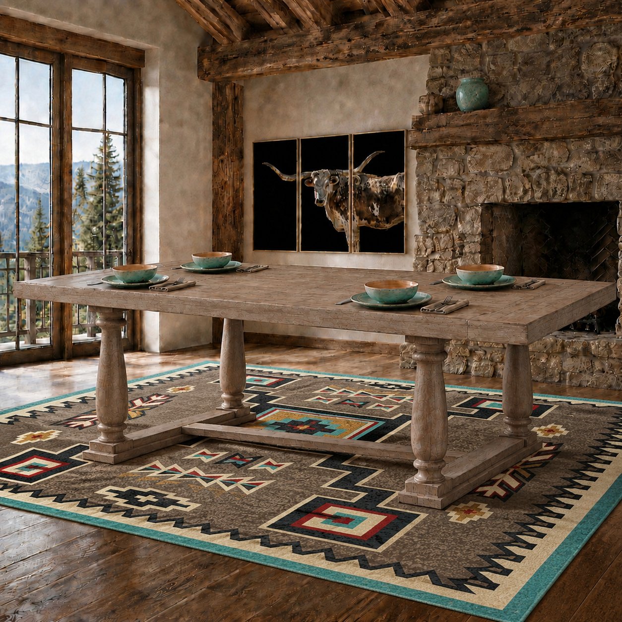 A rustic rectangular dining table with turned stone-like legs sits on a patterned southwestern-style area rug in a cabin-style dining room. The room has exposed wood beams, a stone fireplace, large windows with a mountain view, and a mounted longhorn artwork on the wall.